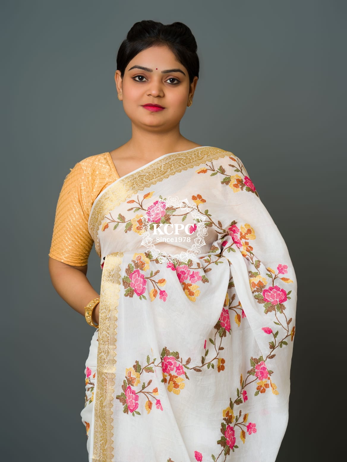 New Upada Chinon Pure Convent Kashida work saree with blouse RG