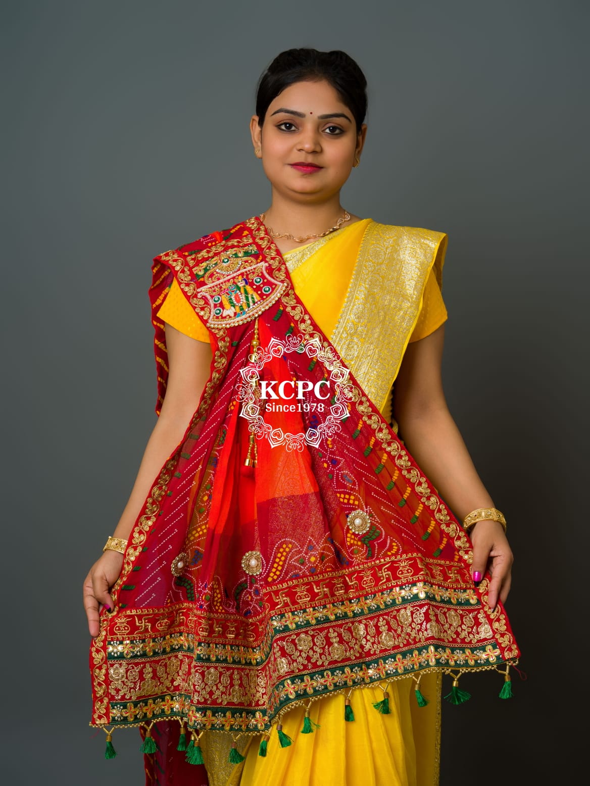 KcPc Rajasthani Marwadi Pure Georgette Chunri pila Broach Stole