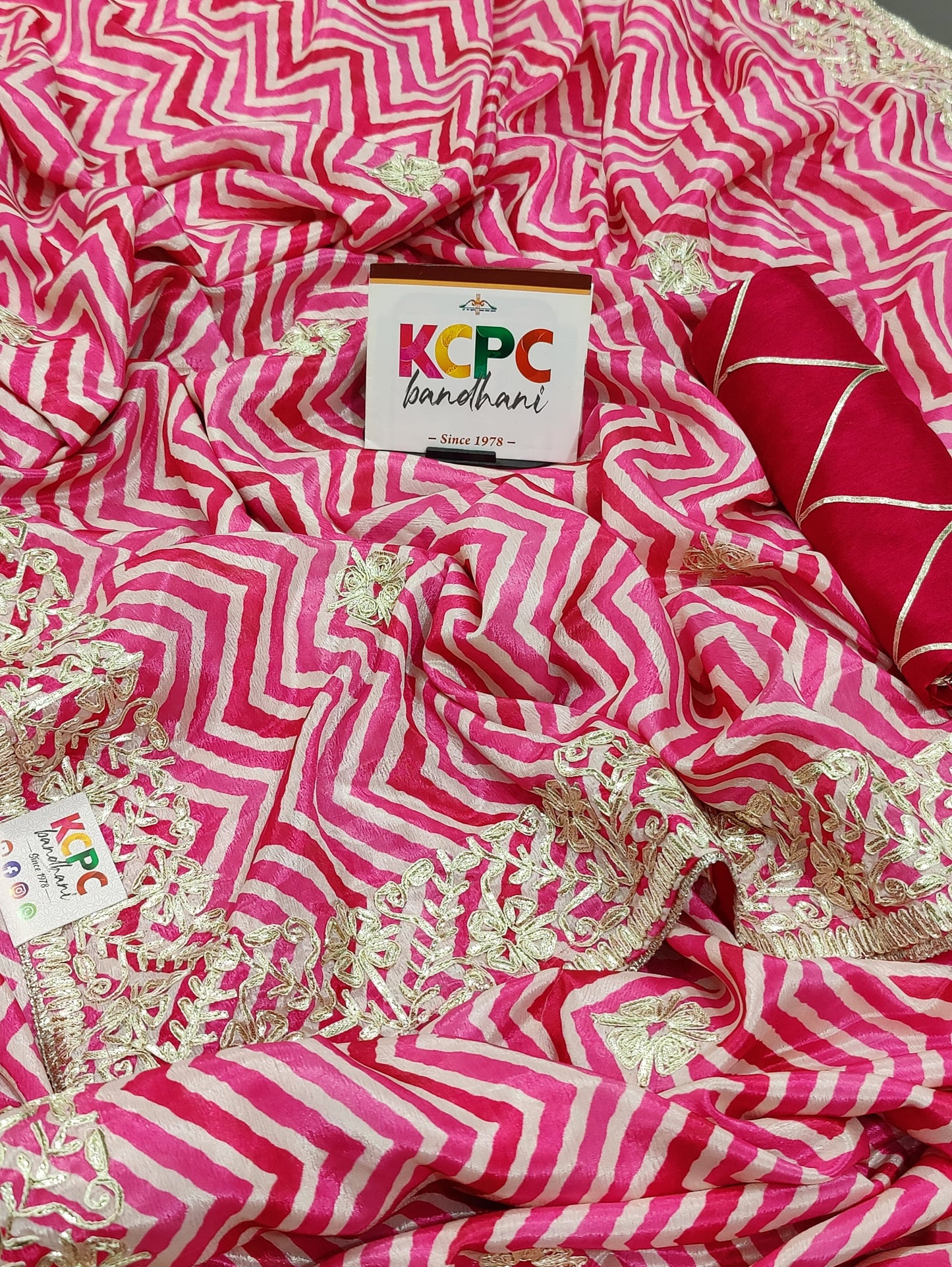 KcPc exclusive new Lightweight chinon Silk with zig zag print gotapatti work saree, Kc Sna