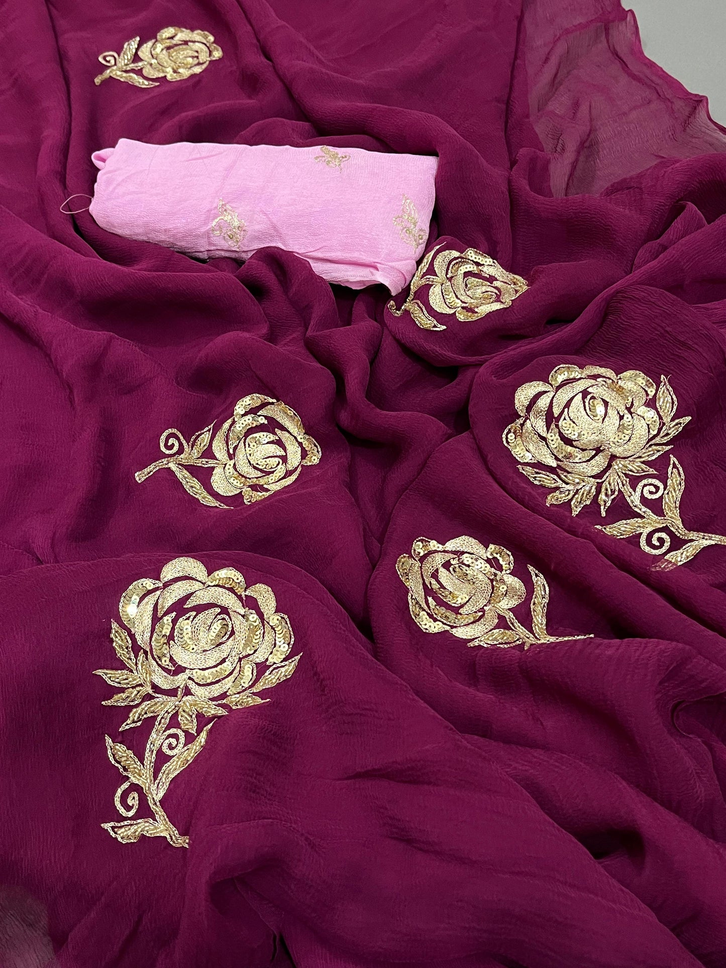 Pure chiffon Jaipuri Saree with zari sequence rose buta work With Blouse,VND