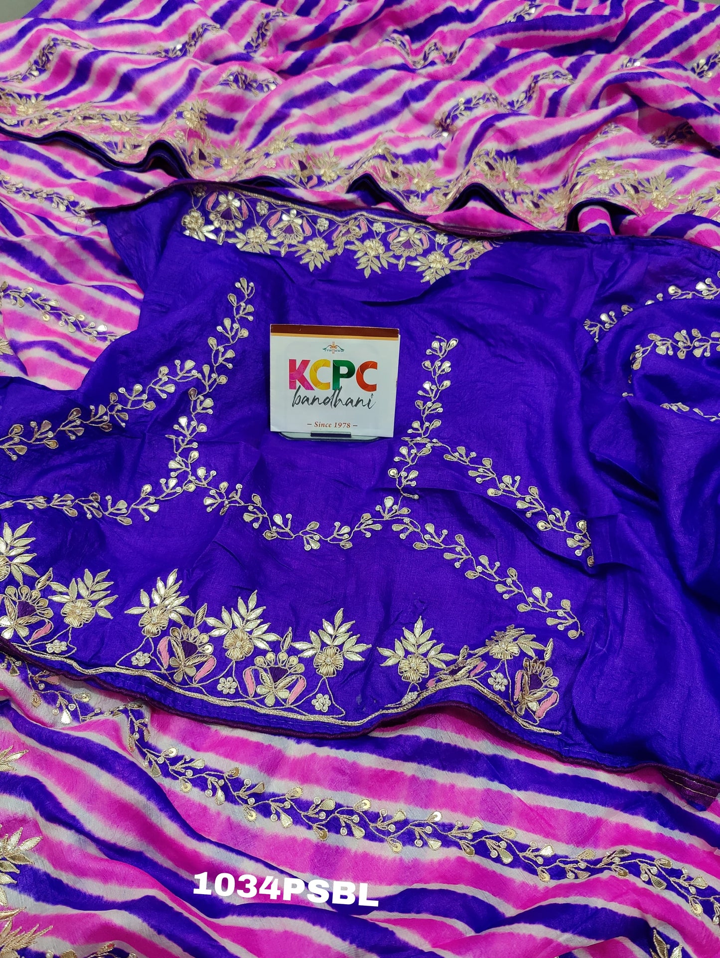 KcPc New Pure Upada silk Lahariya Handmade Gotapatti Zardoji Work Saree With Blouse, RGC