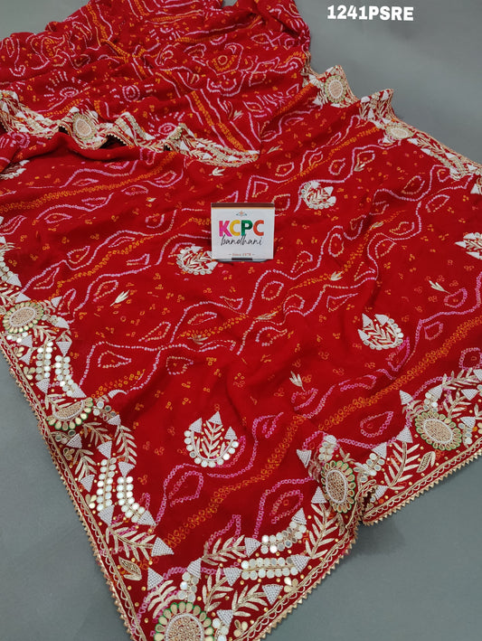 KcPc Latest Pure Ojariya Cutdana Mirror Handwork Bandhani Saree,MAD