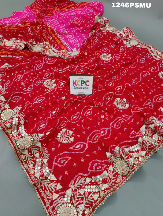 KcPc Pure Ojariya Cutdana mirror Handwork Bandhani Saree,MAD