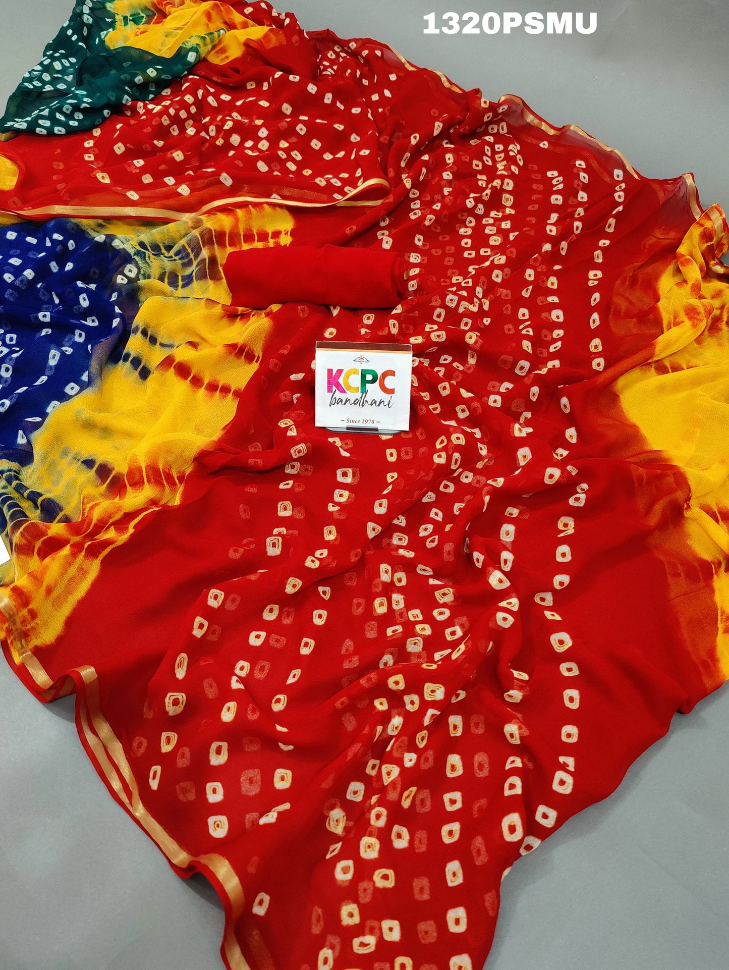 KcPc New Pure Georgette multi Colour Shibori Print Bandhni saree,LAL