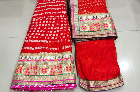 KcPc Bandhej silk full stitched with Heavy Gota pati Border,KML