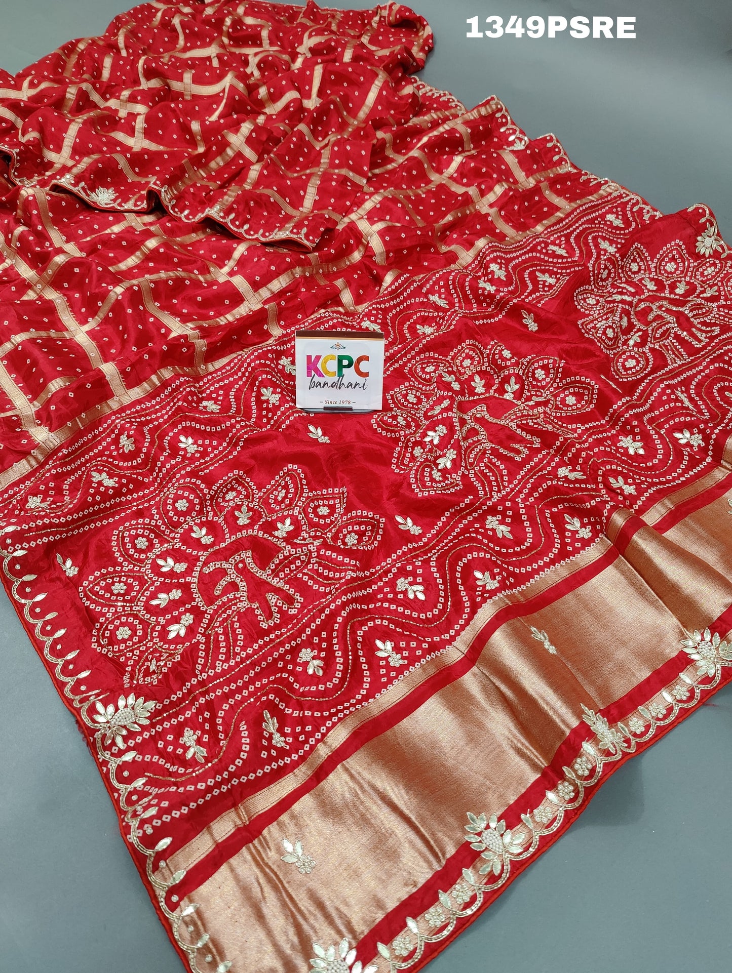 KcPc New Ho silk Bandhani Gotapatti Cutdana work saree,RG