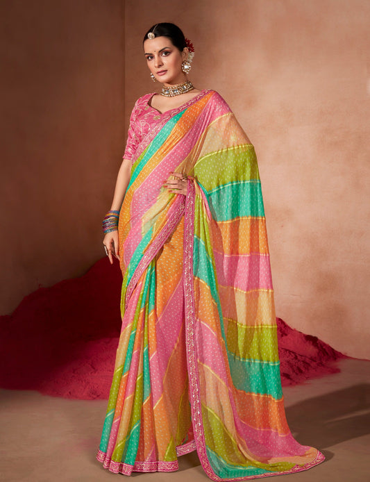 KcPc Latest New Launch multicolour lahariya saree with blouse, SRD