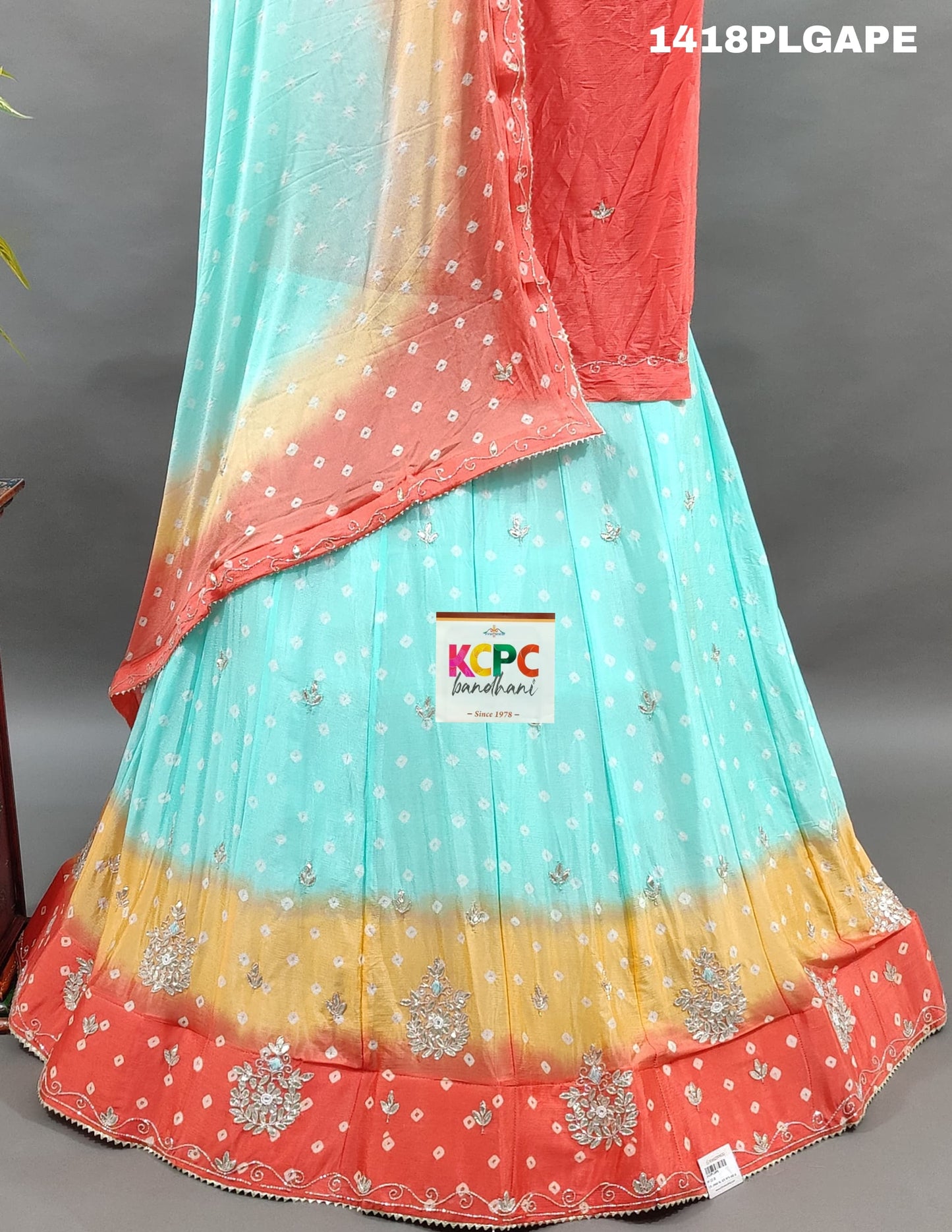 KcPc New Chinon multi shade Bandhani Cutdana work lehenga, RAJ