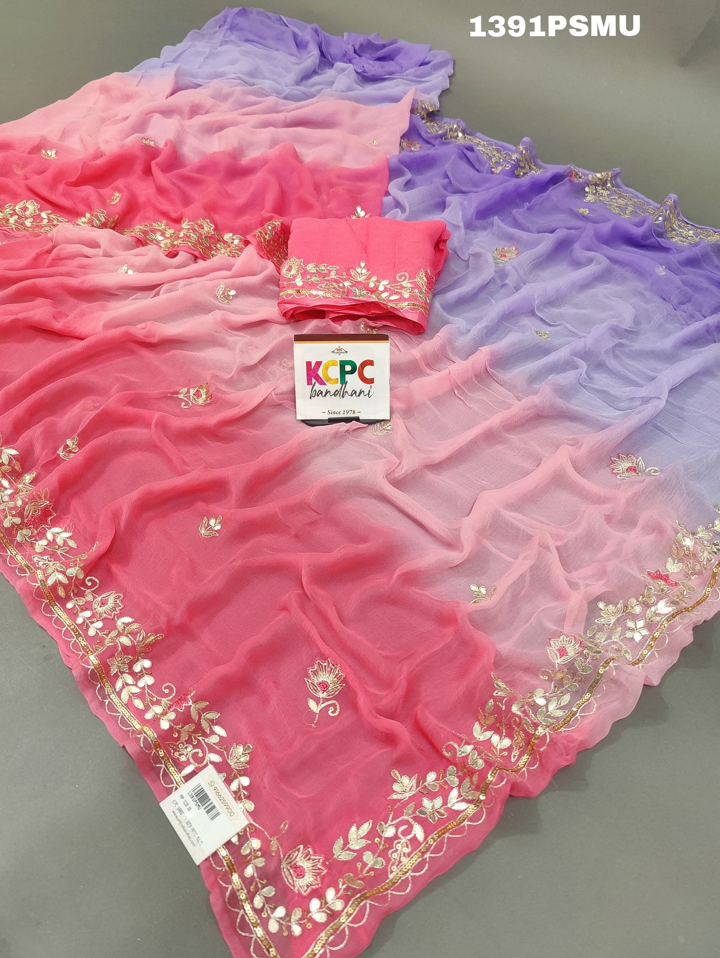 KcPc Pure chiffon shaded Colour Gotapatti work Jaipuri tradishanal Rajputi saree,VND