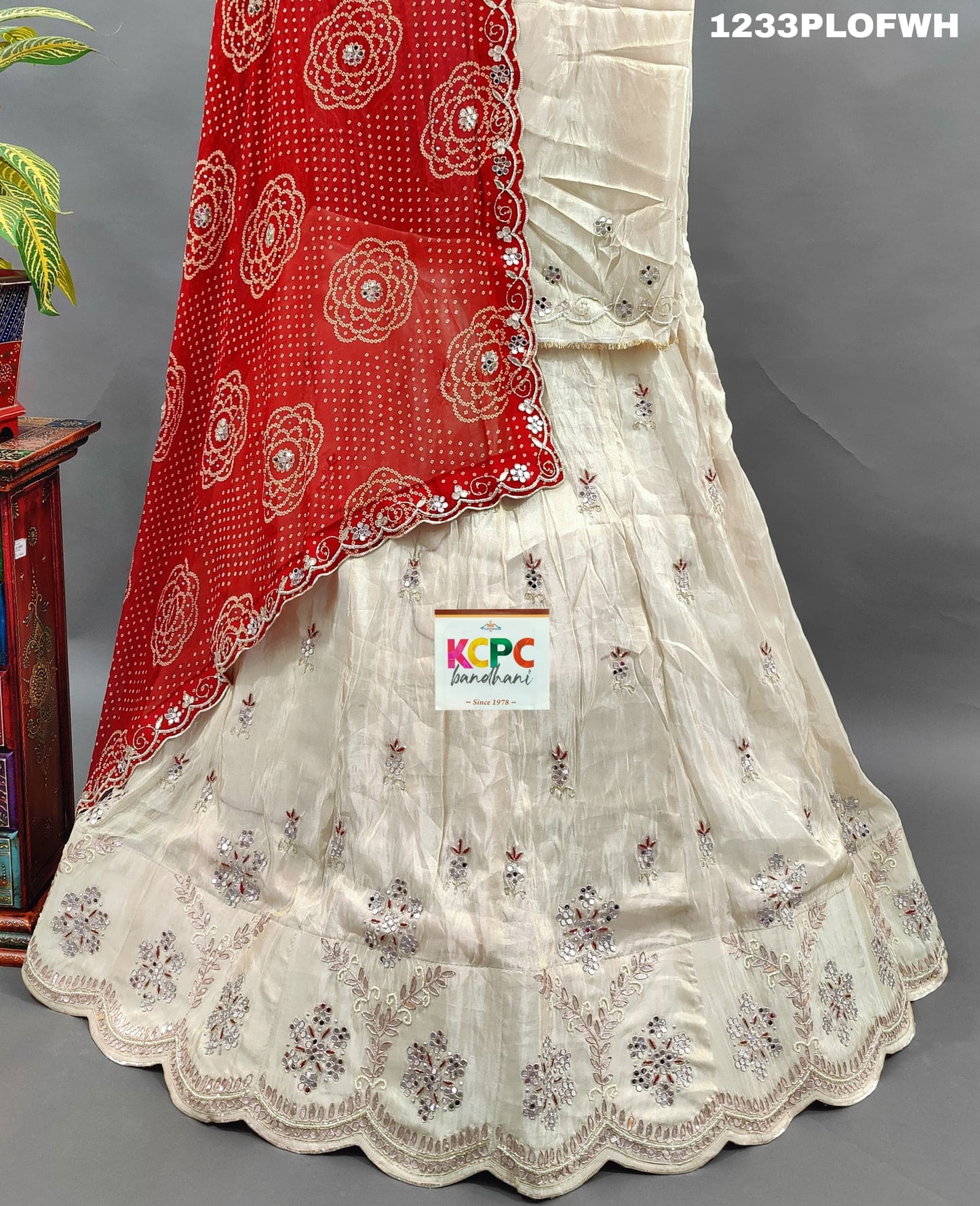 KcPc Beautiful Pure Upada Silk Georgette Bandhani Dupatta Mirror Gota pati Work Lehenga set,MAD