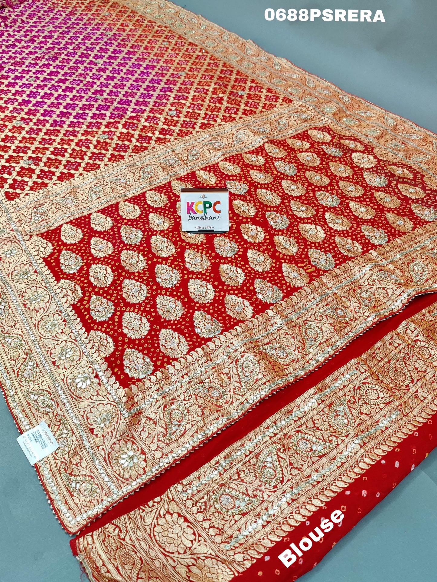 KcPc Beautiful Pure khadi Georgette cutdana Gota patti Handwork Bandhani saree,AMT