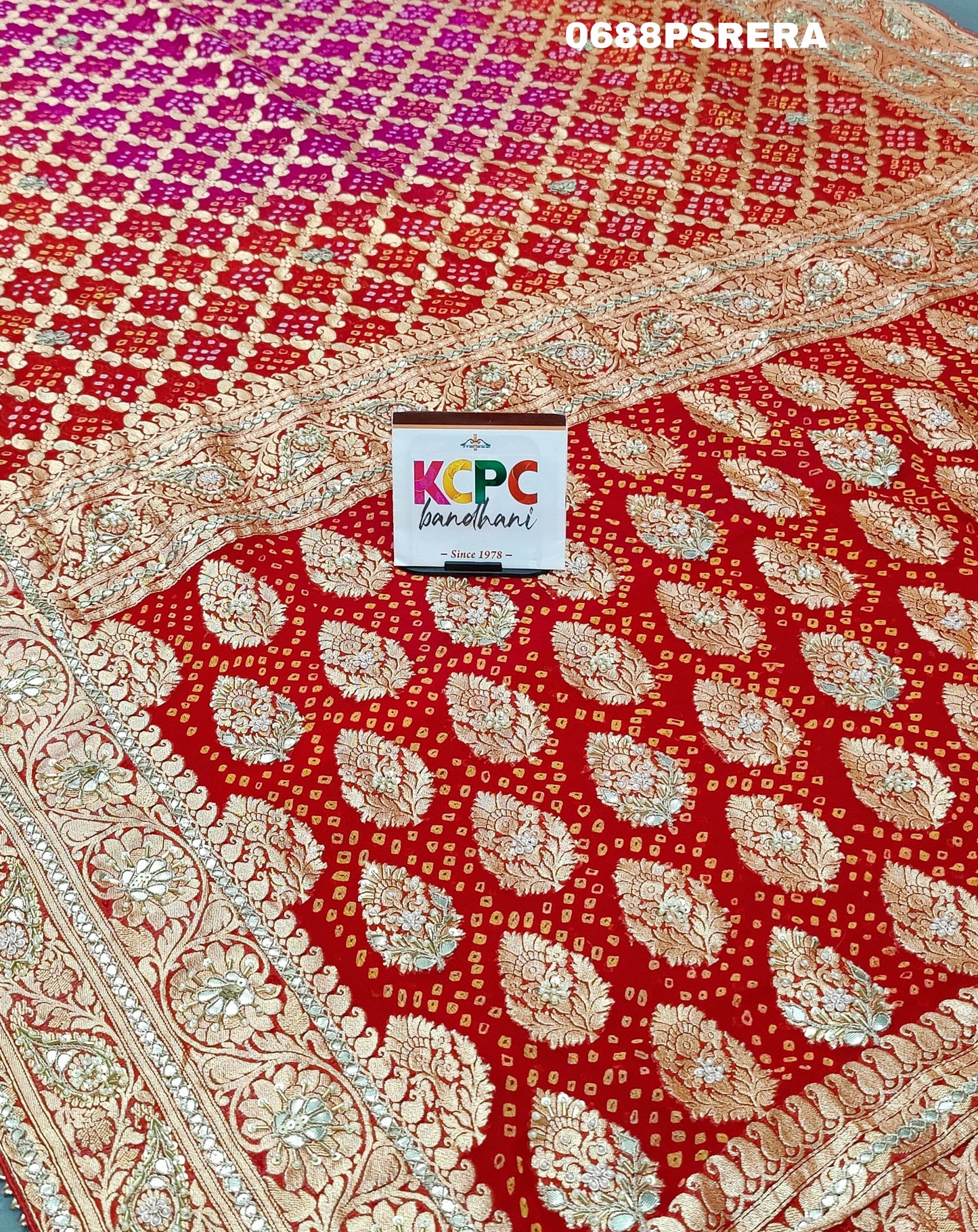 KcPc Beautiful Pure khadi Georgette cutdana Gota patti Handwork Bandhani saree,AMT