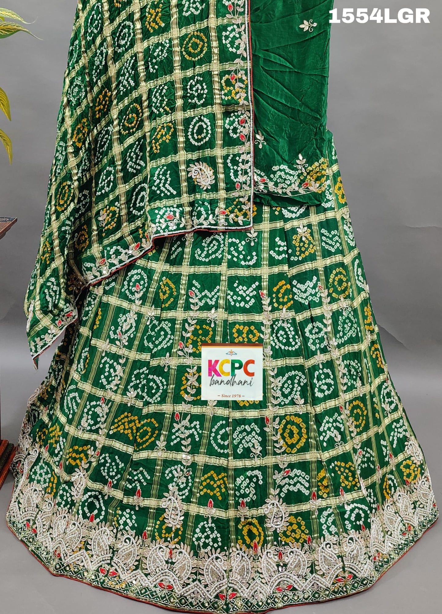 KcPc New Pure Gaji silk Gharchola Bandhej Cutdana Gota patti Work Lehenga Set,RAJ