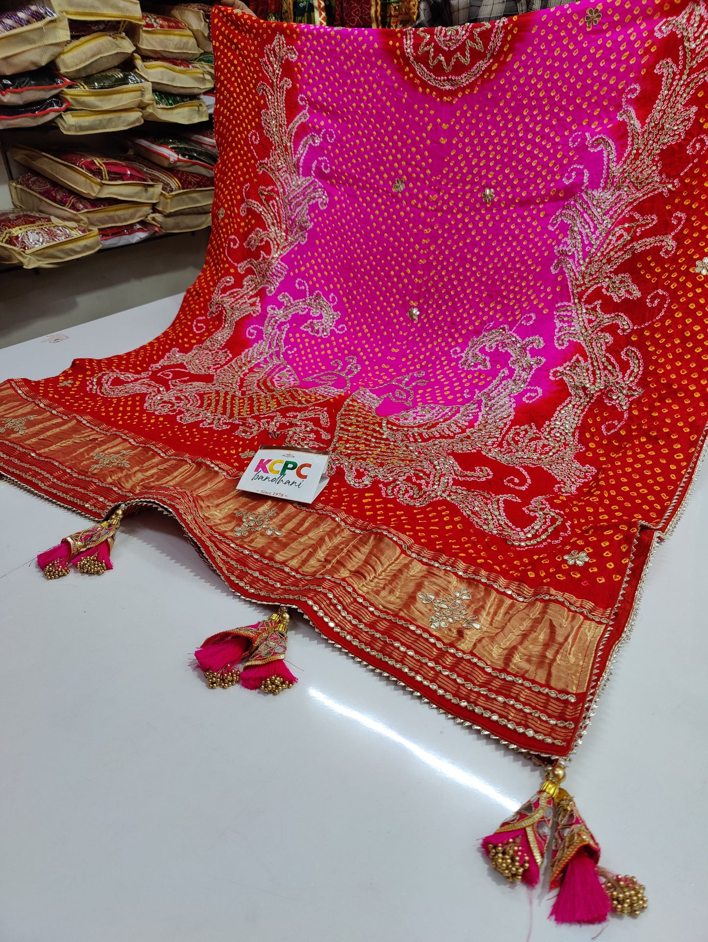 Pure Gaji Silk Bandhani Ghatchola Dupatta Heavy Gotapatti Work Bridal Kcpc Nr