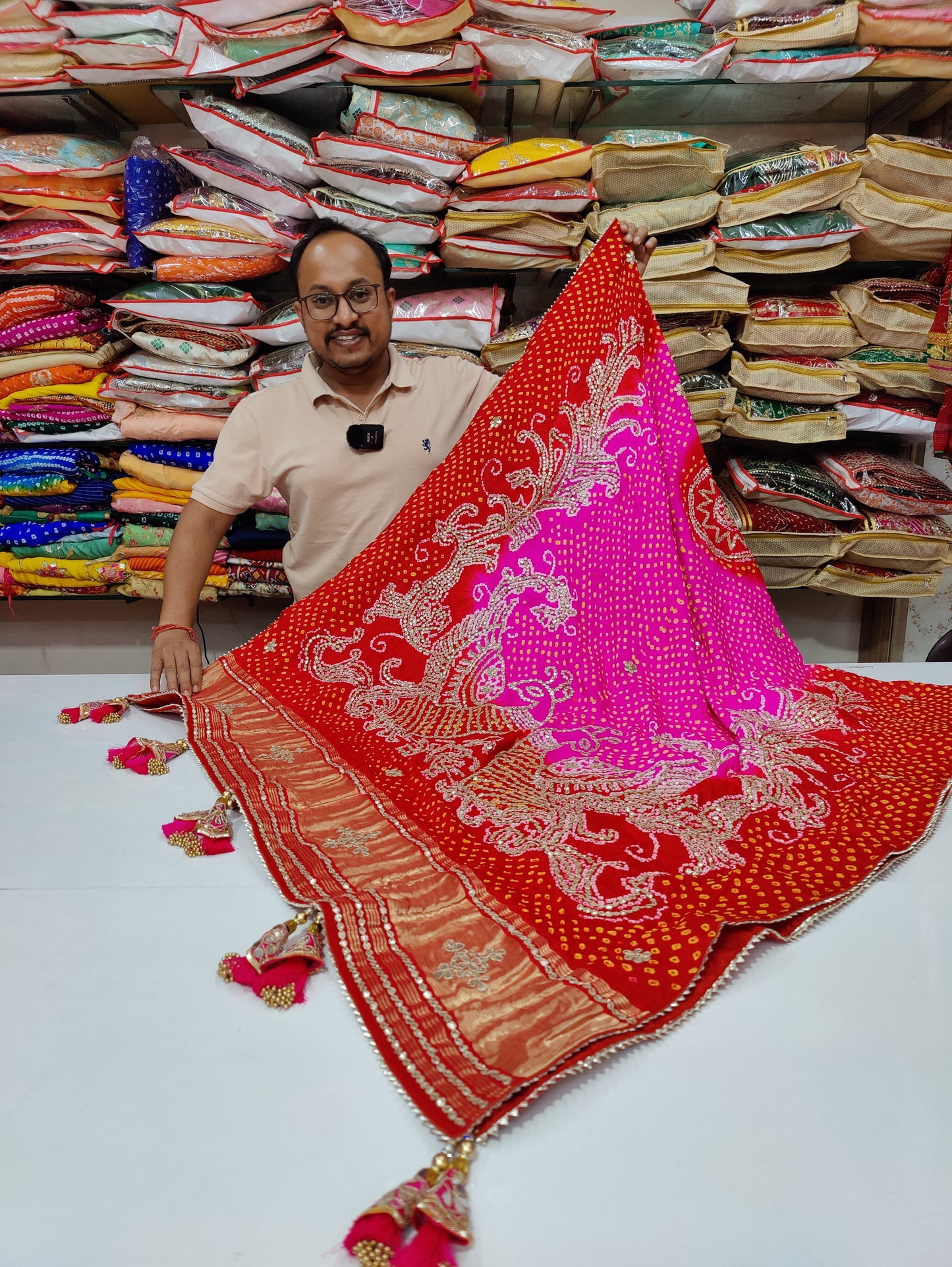 Pure Gaji Silk Bandhani Ghatchola Dupatta Heavy Gotapatti Work Bridal Kcpc Nr Rani Red