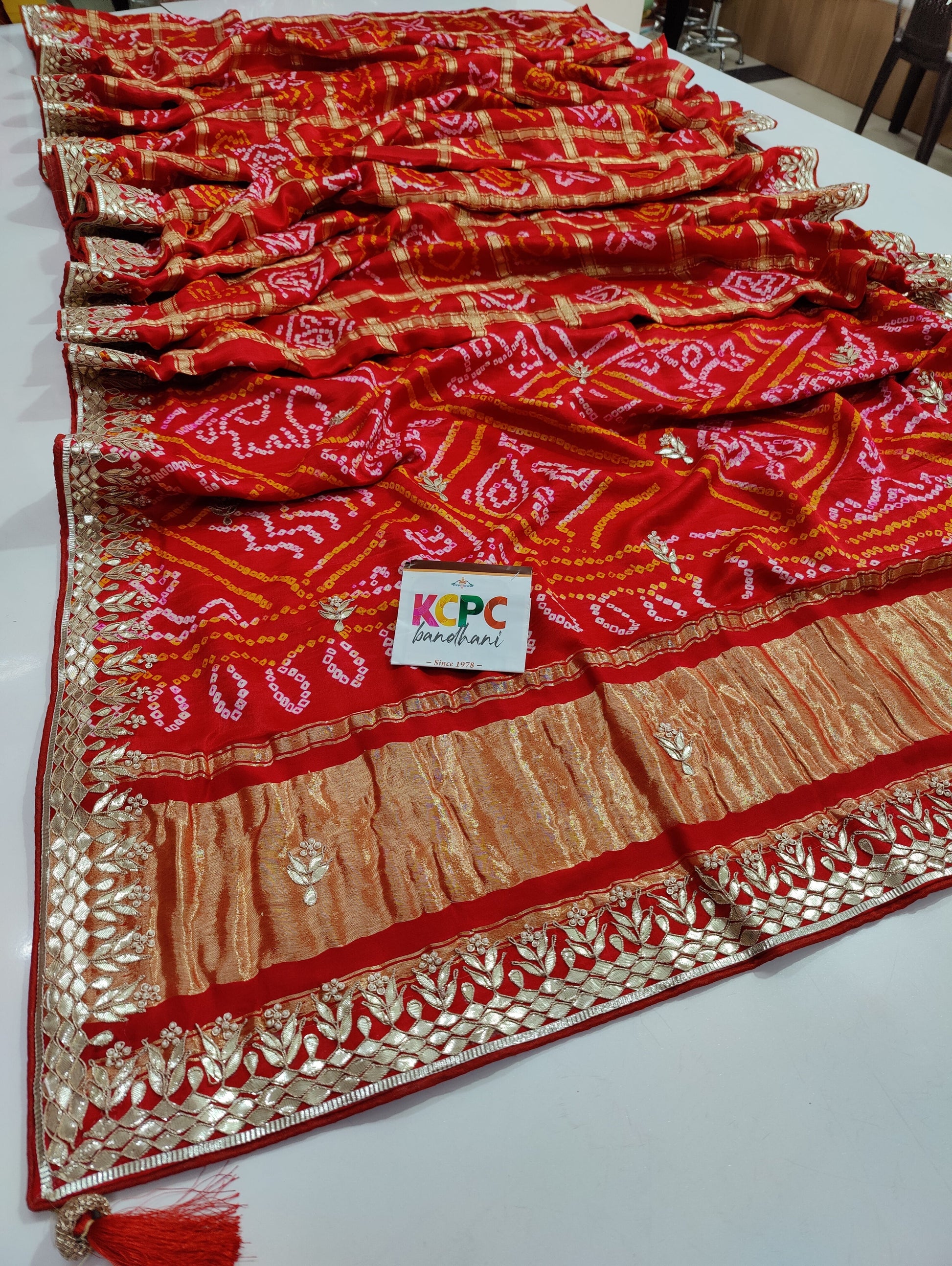 Pure Gaji Silk Bandhani Ghatchola Heavy Gotapatti Work Saree Nr Kcpc Red