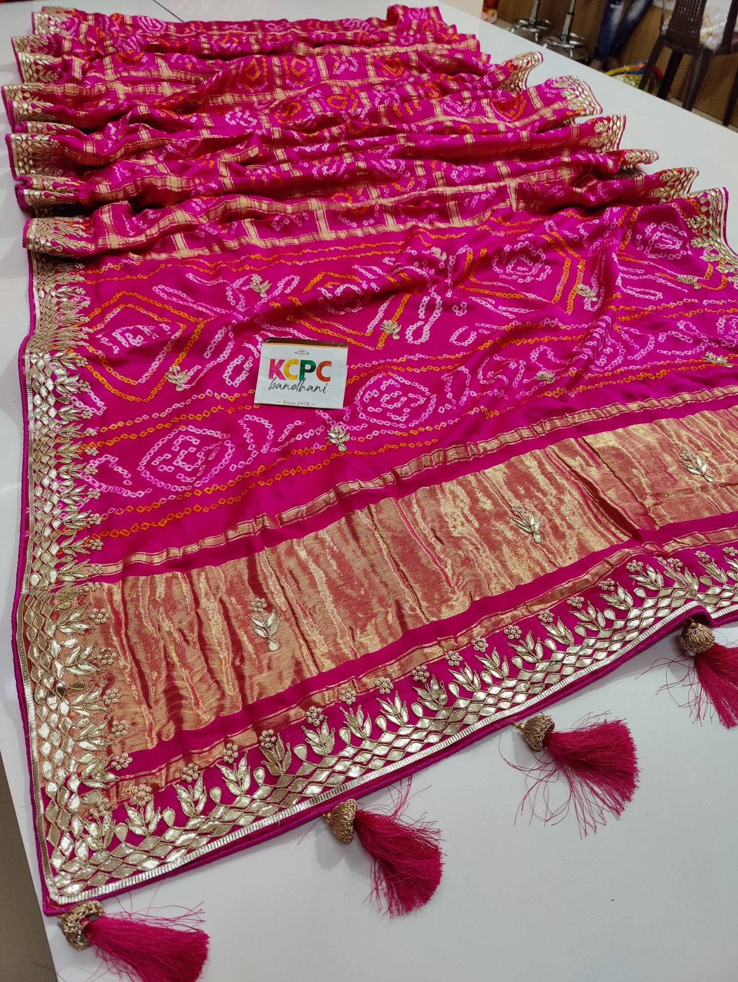 Pure Gaji Silk Bandhani Ghatchola Heavy Gotapatti Work Saree Nr Kcpc Rani