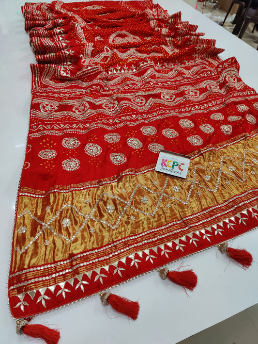 Pure Gaji Silk Bandhani Heavy Gotapatti Work Saree With Blouse