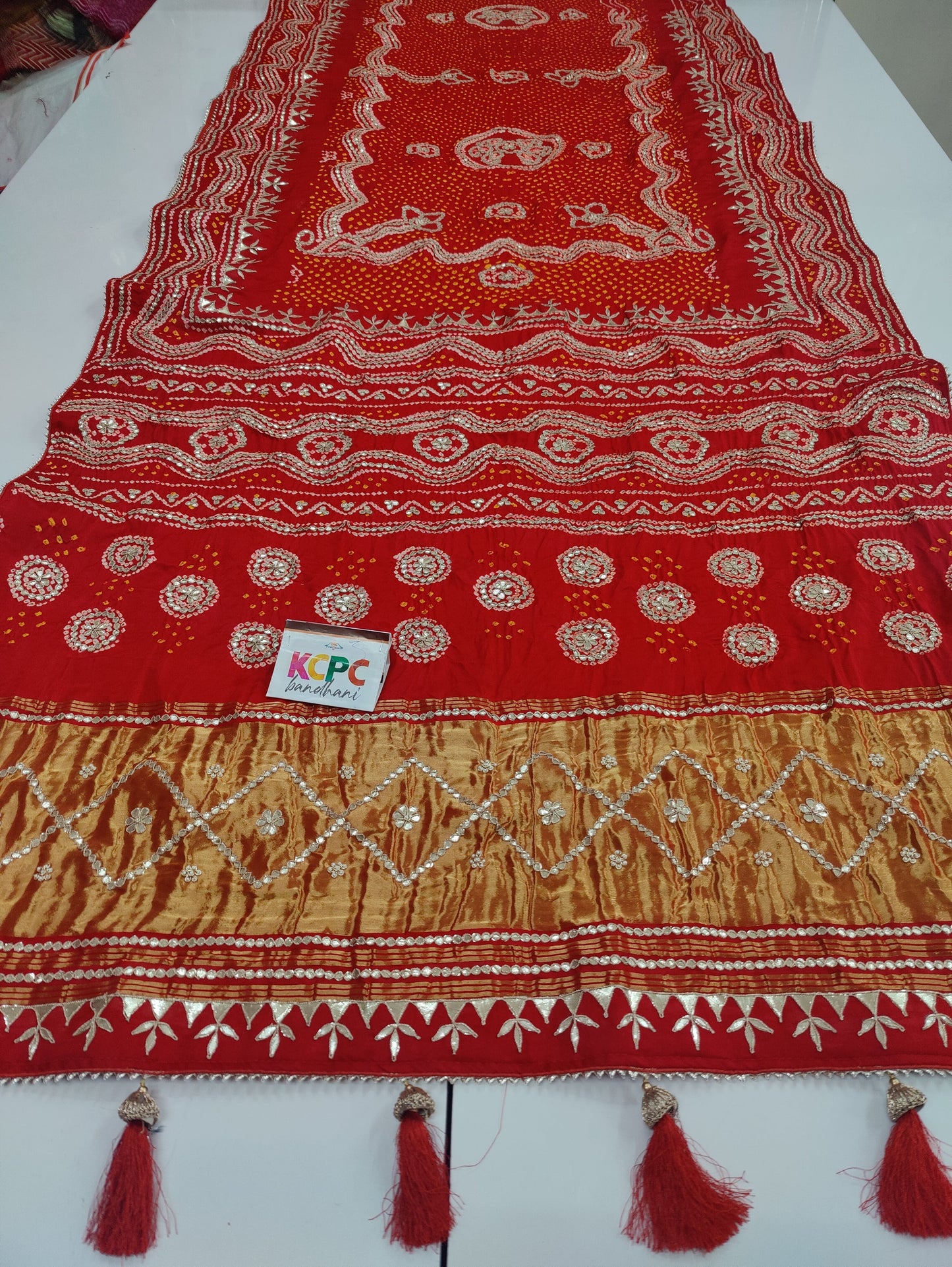 Pure Gaji Silk Bandhani Heavy Gotapatti Work Saree With Blouse Red