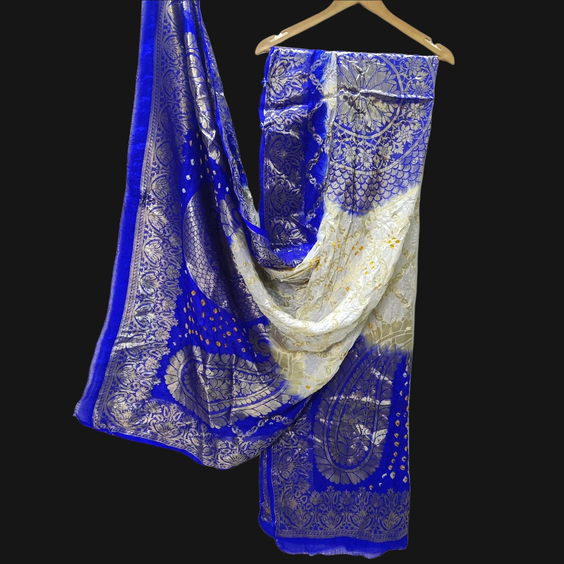 Banarasi Bandhej Gharchola Kerry Chand Dupatta Or Kc White Blue