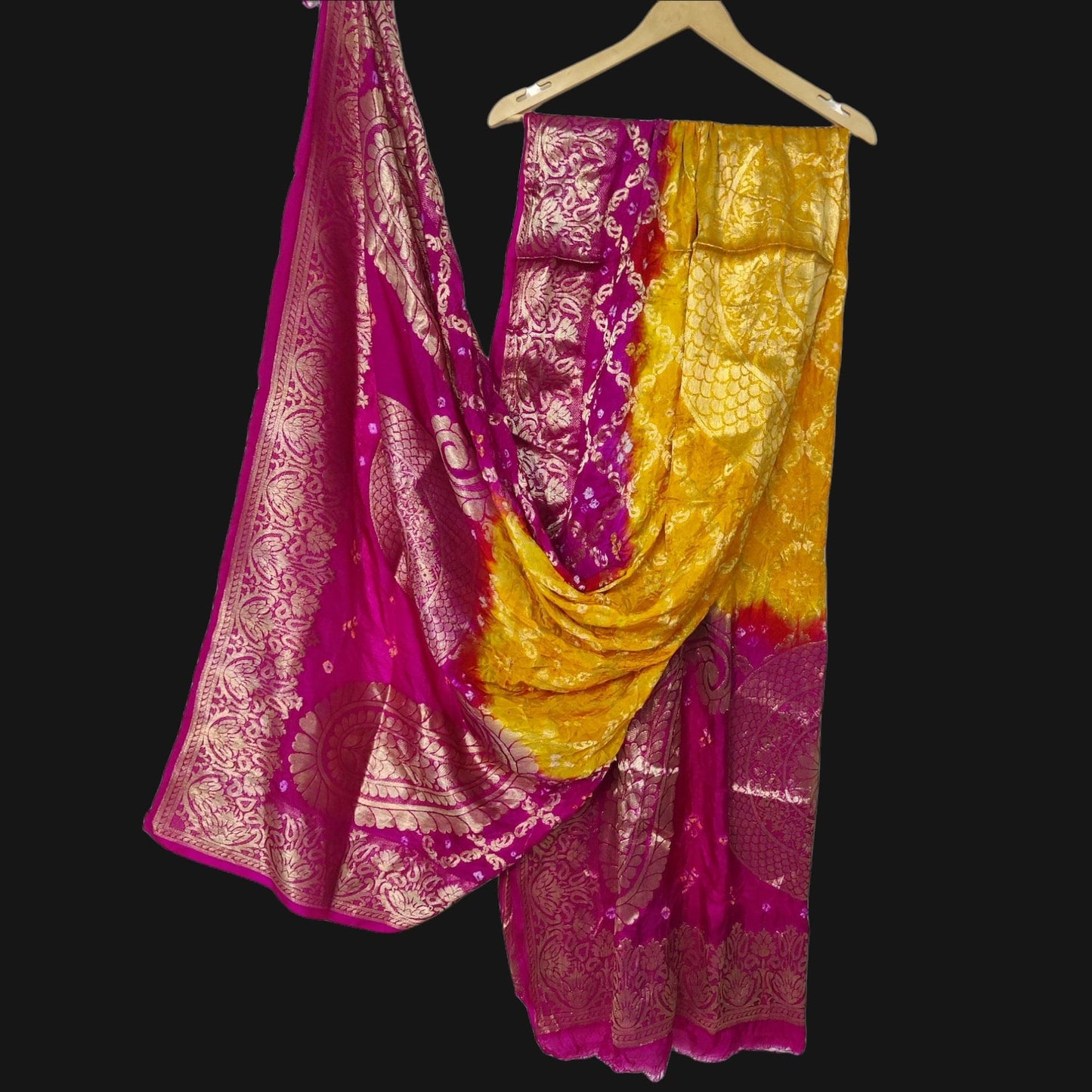 Banarasi Bandhej Gharchola Kerry Chand Dupatta Or Kc Yellow Pink