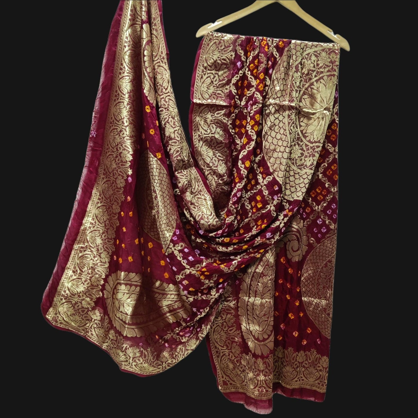 Banarasi Bandhej Gharchola Kerry Chand Dupatta Or Kc Mehroon