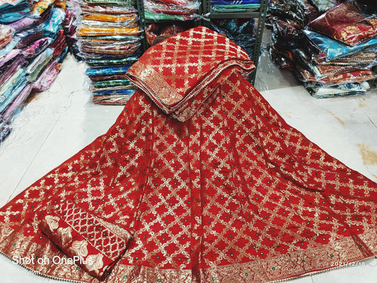 Rajasthani Banarasi Bandhej Ghatchola Mirror Work Lehenga Nr Kml Red Lehenga