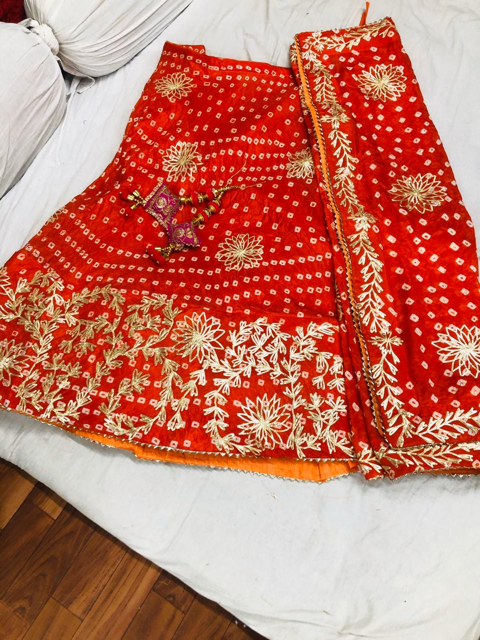 Traditional Jaipuri Full Stich Silk Lehanga Fabric With Beautiful Kachi Gotta Patti Work Nr Kml