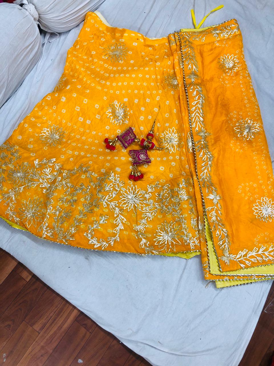 Traditional Jaipuri Full Stich Silk Lehanga Fabric With Beautiful Kachi Gotta Patti Work Nr Kml