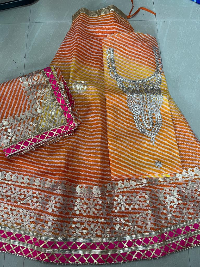 Beautiful Leheriya Gotapatti Kota Doria Dupatta Lehanga Nr Kml Yallow Orange Lehenga