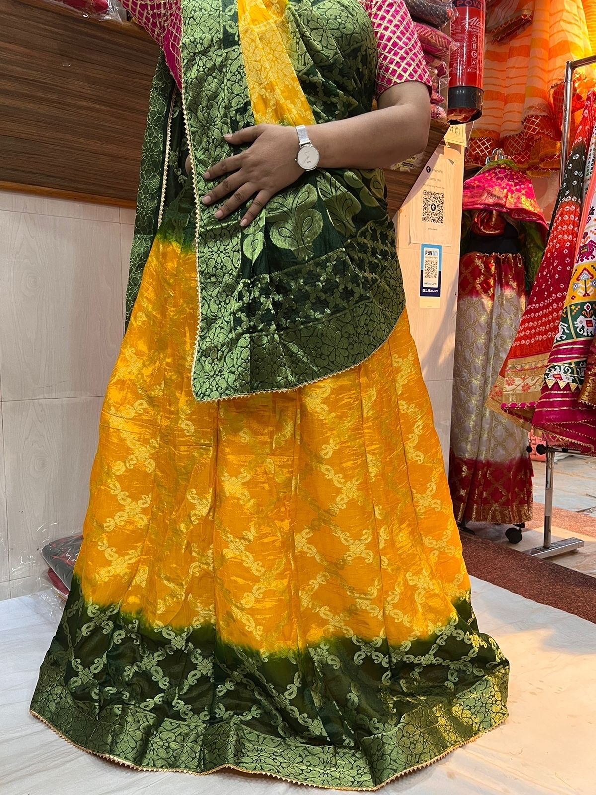 Rajasthani Bandhej Traditional Zari Ghatchola Lehengas Kml Or Yallow Green Lehenga