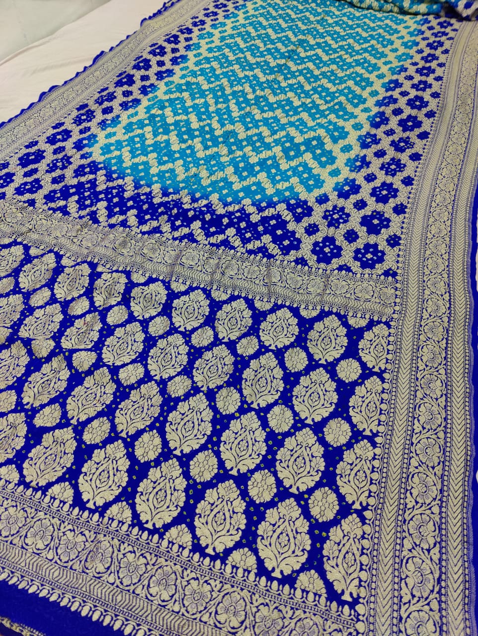 Pure Khaddi Georgette Banarasi Bandhej Ghatchola Saree Ir Kc Firogi Blue