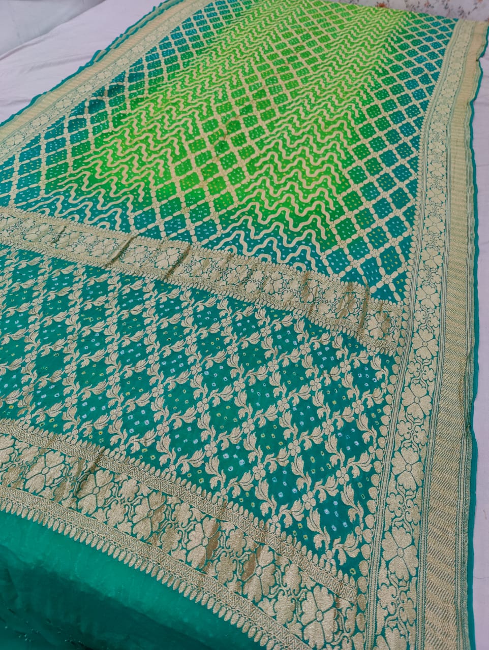 Pure Khaddi Georgette Banarasi Bandhej Ghatchola Saree Ir Kc Parrot Green