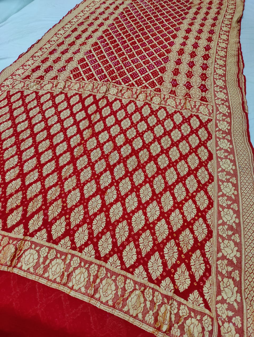 Pure Khaddi Georgette Banarasi Bandhej Ghatchola Saree Ir Kc Red