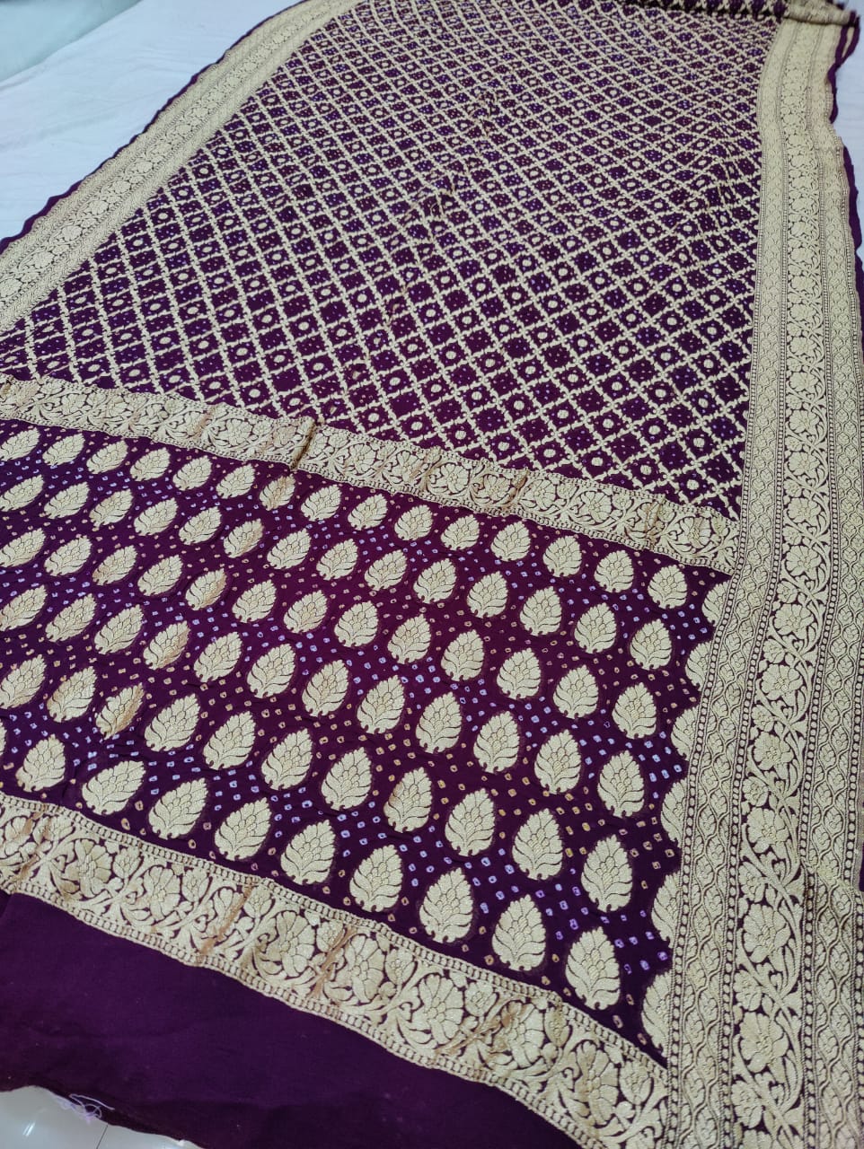 Pure Khaddi Georgette Banarasi Bandhej Ghatchola Saree Ir Kc