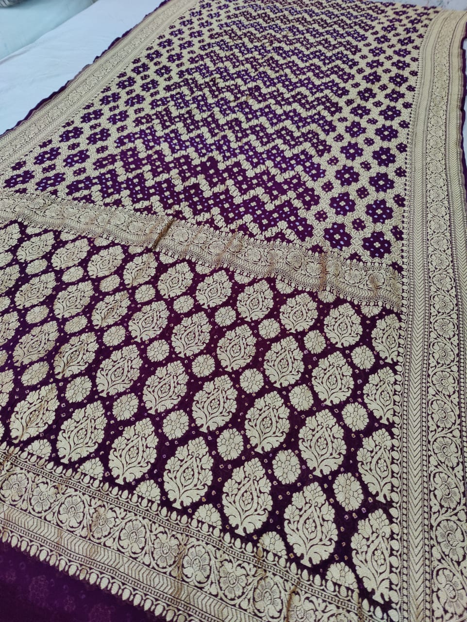 Pure Khaddi Georgette Banarasi Bandhej Ghatchola Saree Ir Kc