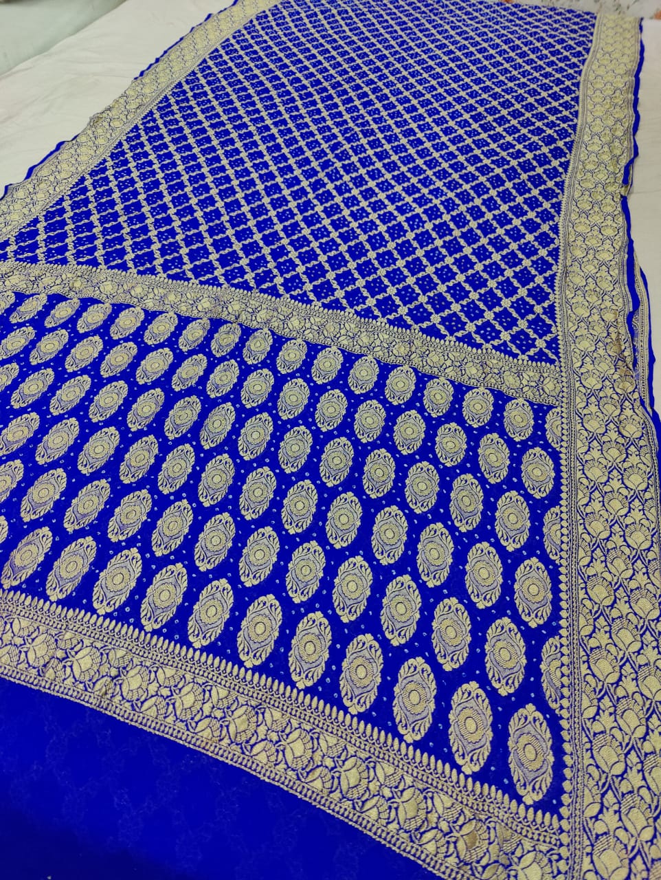 Pure Khaddi Georgette Banarasi Bandhej Ghatchola Saree Ir Kc