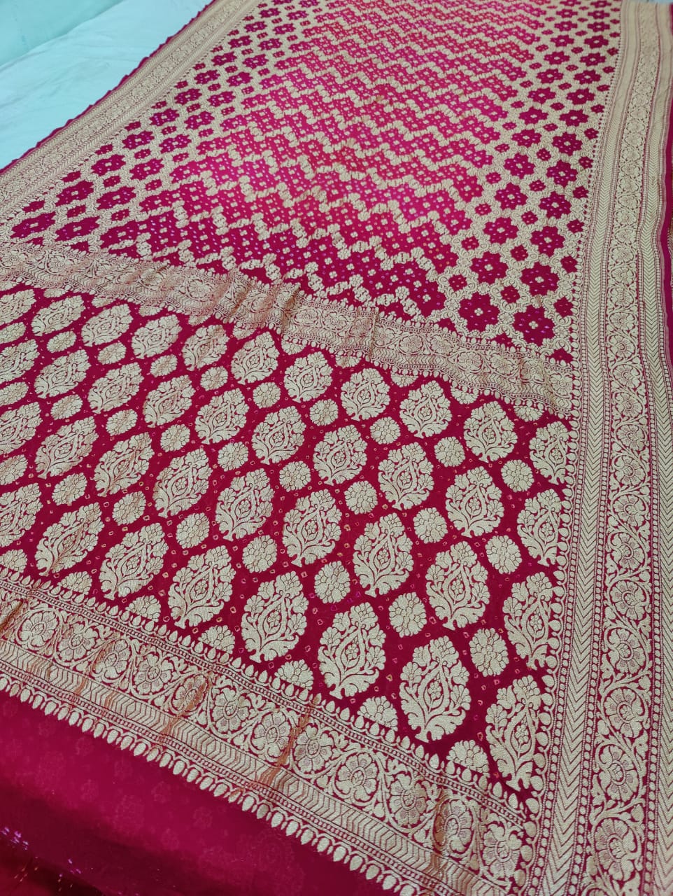 Pure Khaddi Georgette Banarasi Bandhej Ghatchola Saree Ir Kc Rani