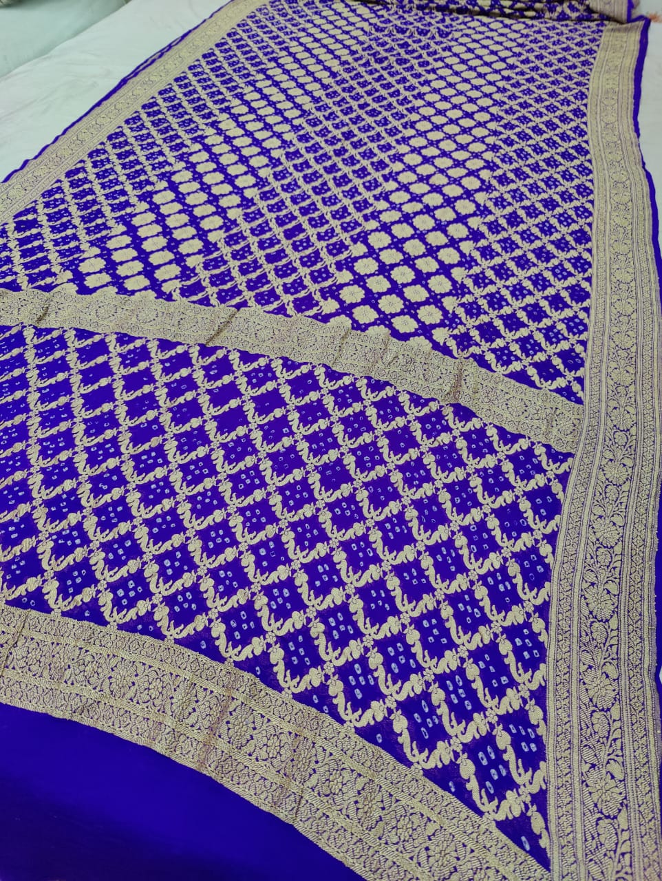 Pure Khaddi Georgette Banarasi Bandhej Ghatchola Saree Ir Kc