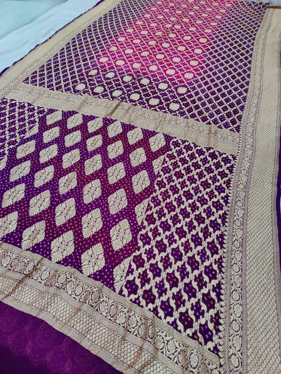 Pure Khaddi Georgette Banarasi Bandhej Ghatchola Saree Ir Kc