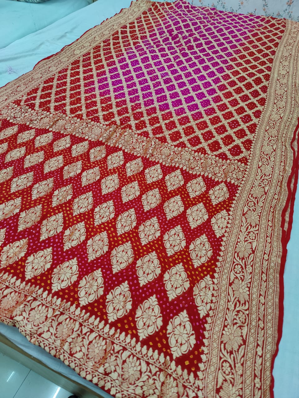 Pure Khaddi Georgette Banarasi Bandhej Ghatchola Saree Ir Kc Red Rani