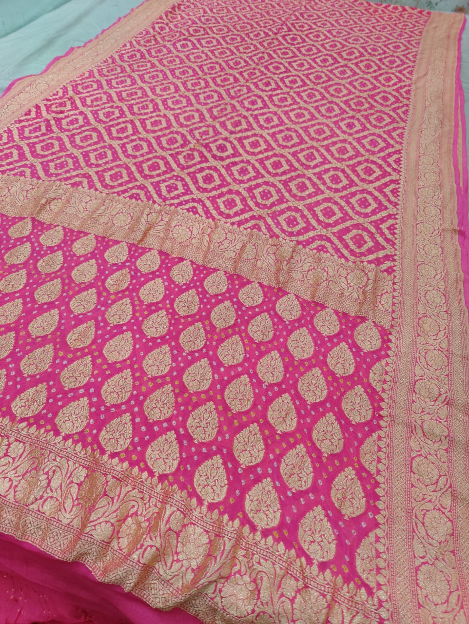 Pure Khaddi Georgette Banarasi Bandhej Ghatchola Saree Ir Kc