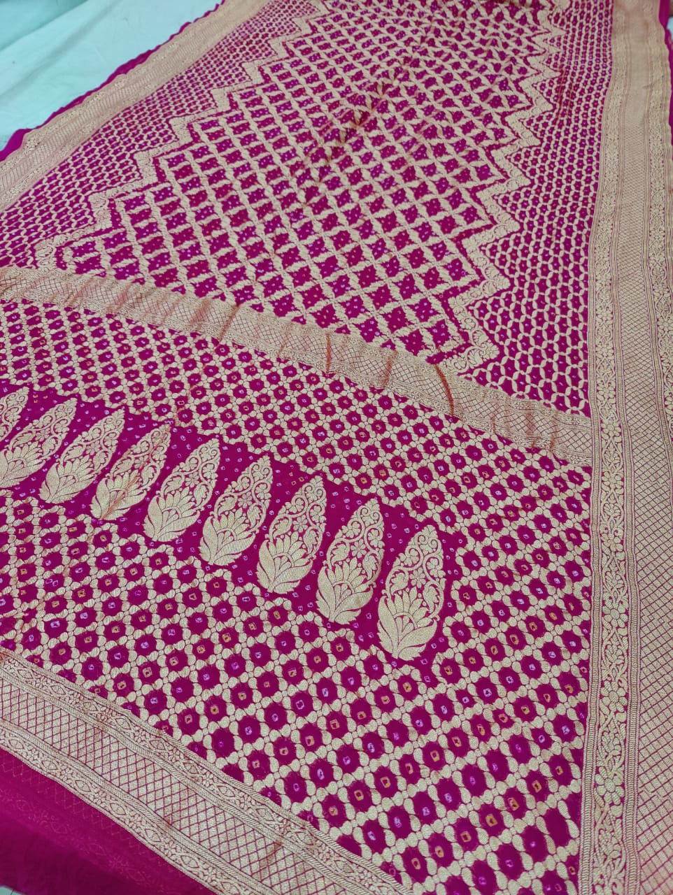 Pure Khaddi Georgette Banarasi Bandhej Ghatchola Saree Ir Kc