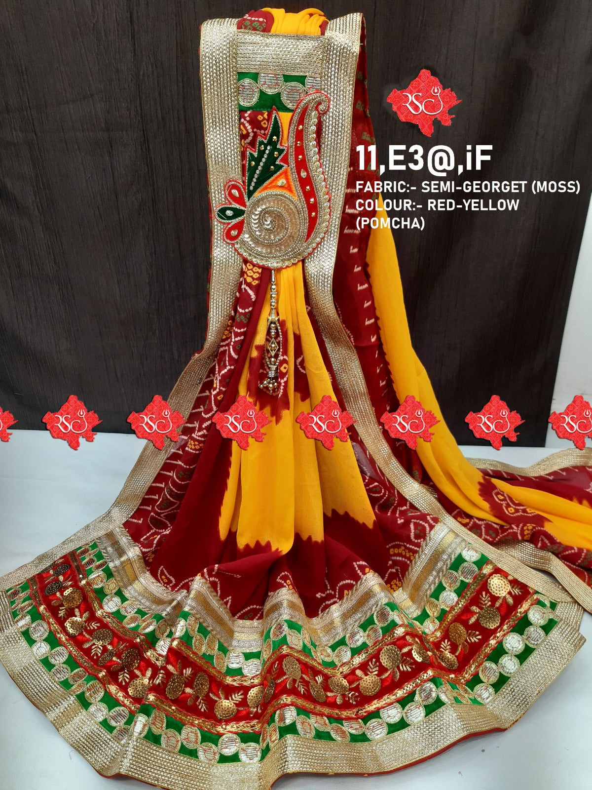 KcPc Rajasthani Marwadi Semi Georgette Pila Pomcha Broach stole