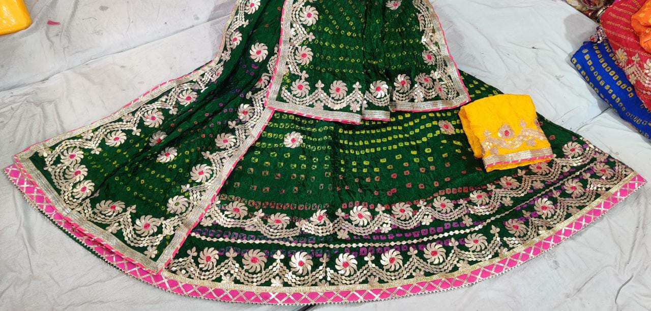 Traditional Jaipuri Heavy Gotta Patti Work Bandhej Full Stich Silk Lehanga Kml Or Lehenga