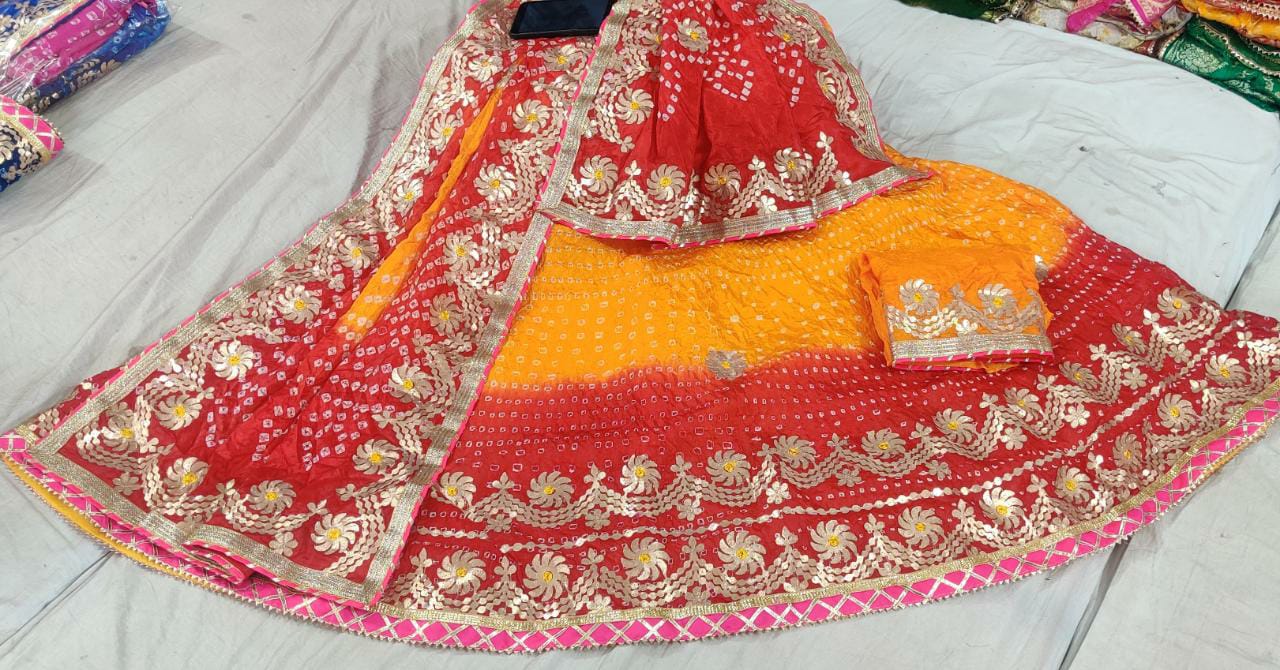 Traditional Jaipuri Heavy Gotta Patti Work Bandhej Full Stich Silk Lehanga Kml Or Orange Red Lehenga