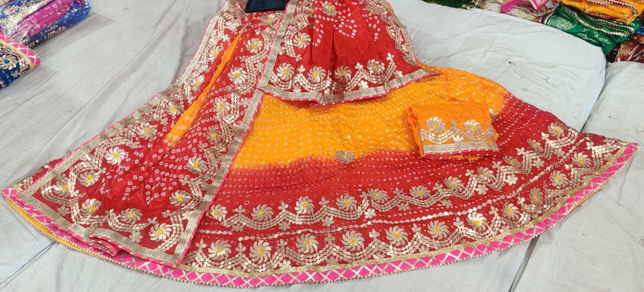 Traditional Jaipuri Heavy Gotta Patti Work Bandhej Full Stich Silk Lehanga Kml Or Lehenga