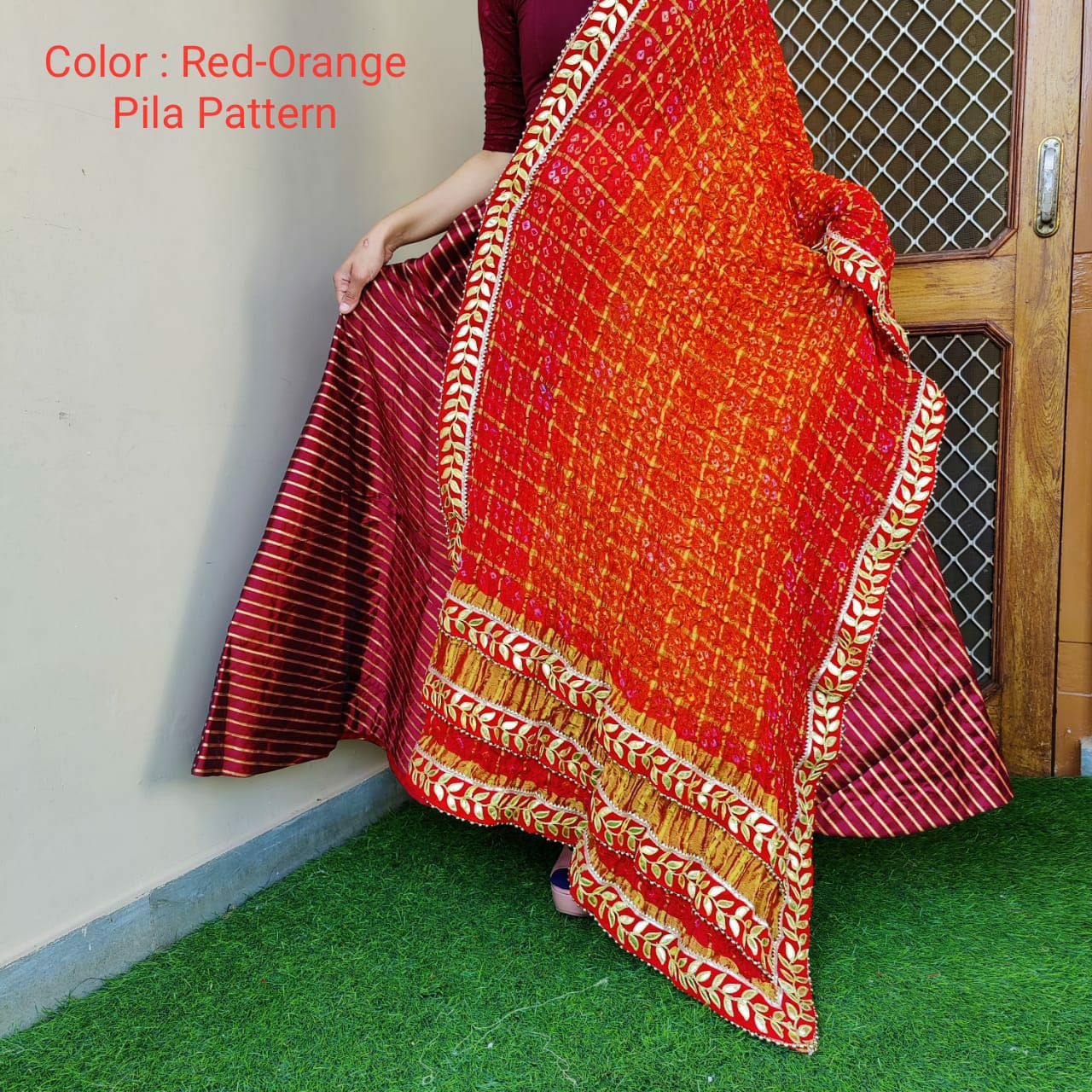 Ghatchola Art Silk Bandhej Gotapatti Dupatta Kcpc Or Red Orange