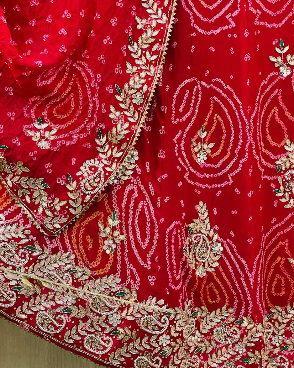 Pure Rai Bandhej Zardozi Gotapatti Work Duptta Lehenga Gs.nr Red