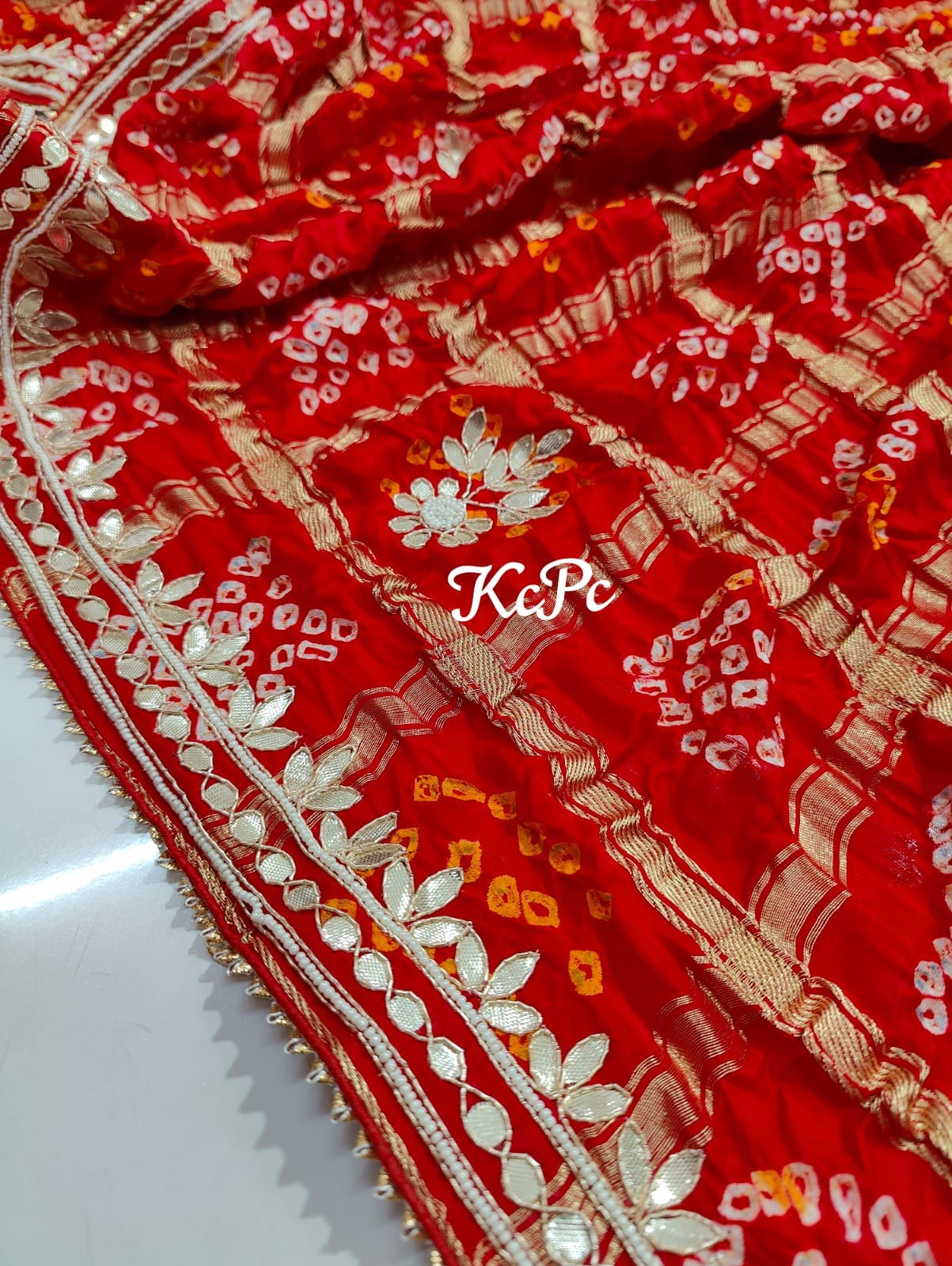 Pure Gaji Silk Bandhani Ghatchola Hand Gotapatti Work Saree Kcpc Nr Red